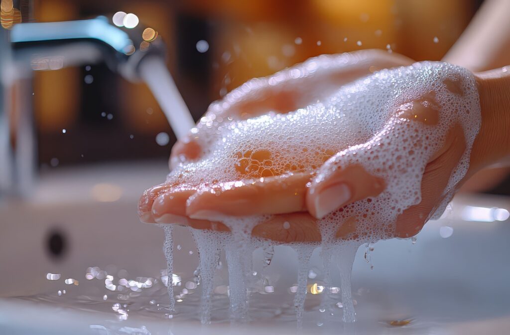 A person’s hands covered in soap lather while being washed under a running faucet.