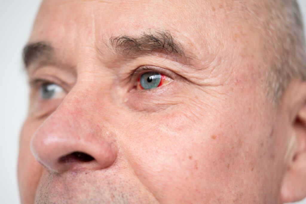 Close-up of older adult man with red bloodshot eye showing irritation, age spots, and wrinkles around eye area.