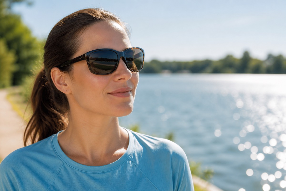 Woman walking outside along a river with sunglasses.