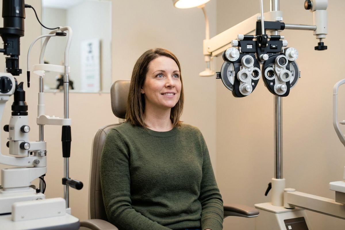Adult sitting smiling in an eye exam chair, surrounded by a slit lamp and phoropter in an optometry exam room.