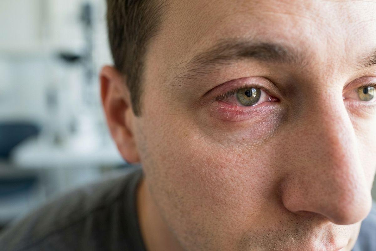 Close-up of an adult's face showing a red, irritated eye with swollen eyelids, in what appears to be an eye clinic.