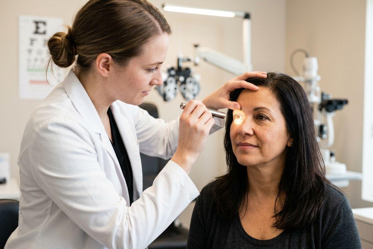 Optometrist shining a penlight into a seated patient's eye during an eye exam, with a Snellen chart and phoropter visible behind them.