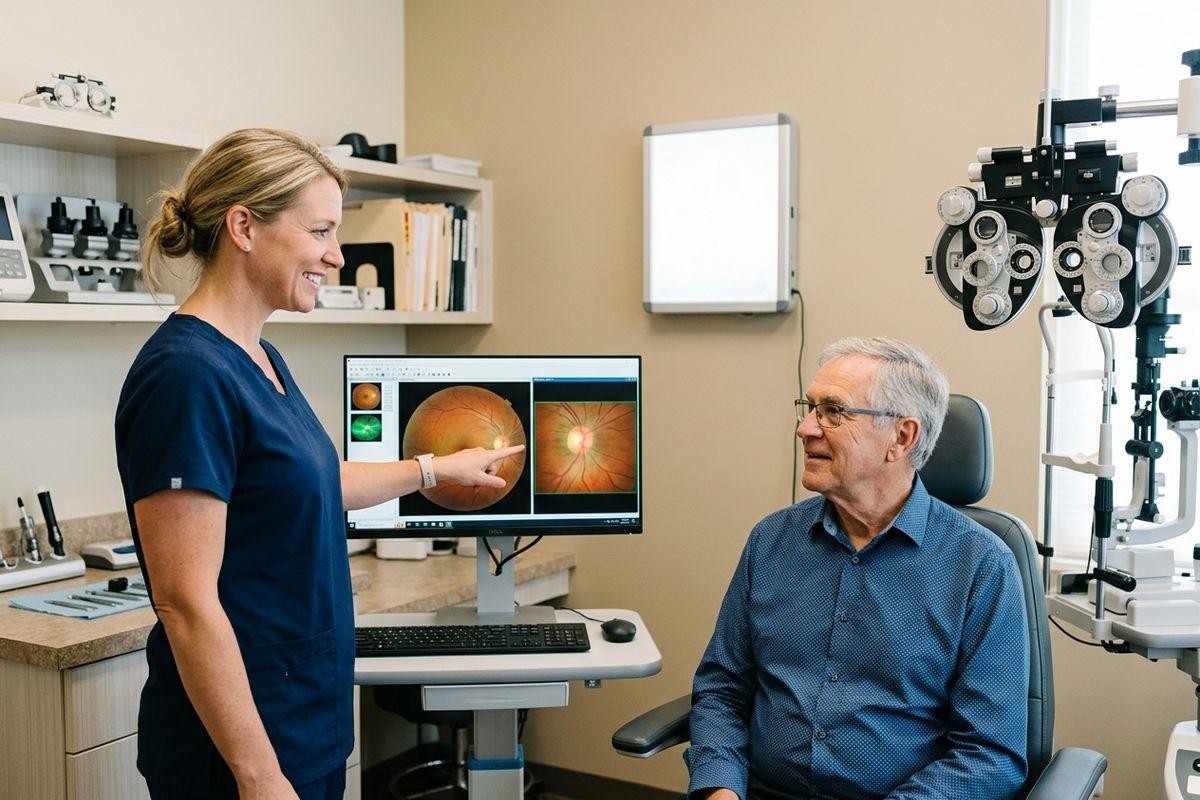 Optometrist smiling, pointing to retinal scan images on a monitor while an older adult patient seated in an exam chair looks on.