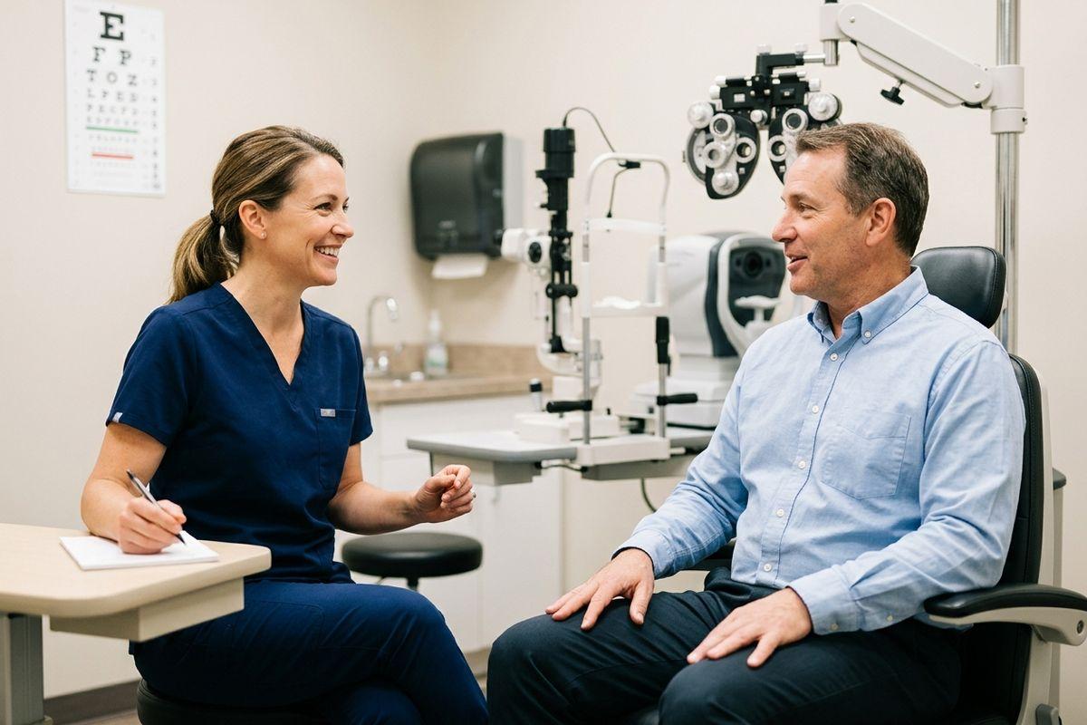 Optometrist smiling and holding a clipboard talks with a seated patient in an eye exam room with a phoropter and eye chart visible.