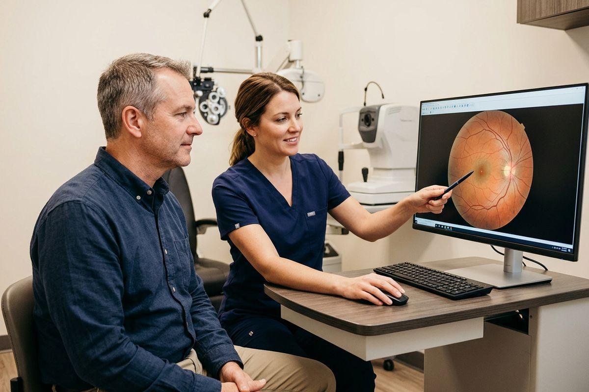 Optometrist smiling, pointing a pen at a retinal scan on a monitor while a patient looks on in an eye exam room.