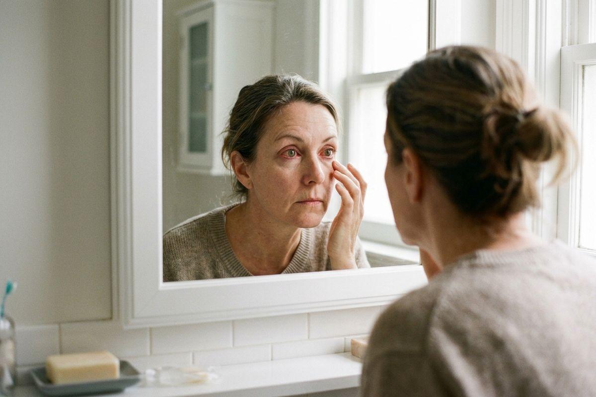 Adult in a bathroom leaning toward a mirror, touching the skin under one reddened eye with a focused expression.