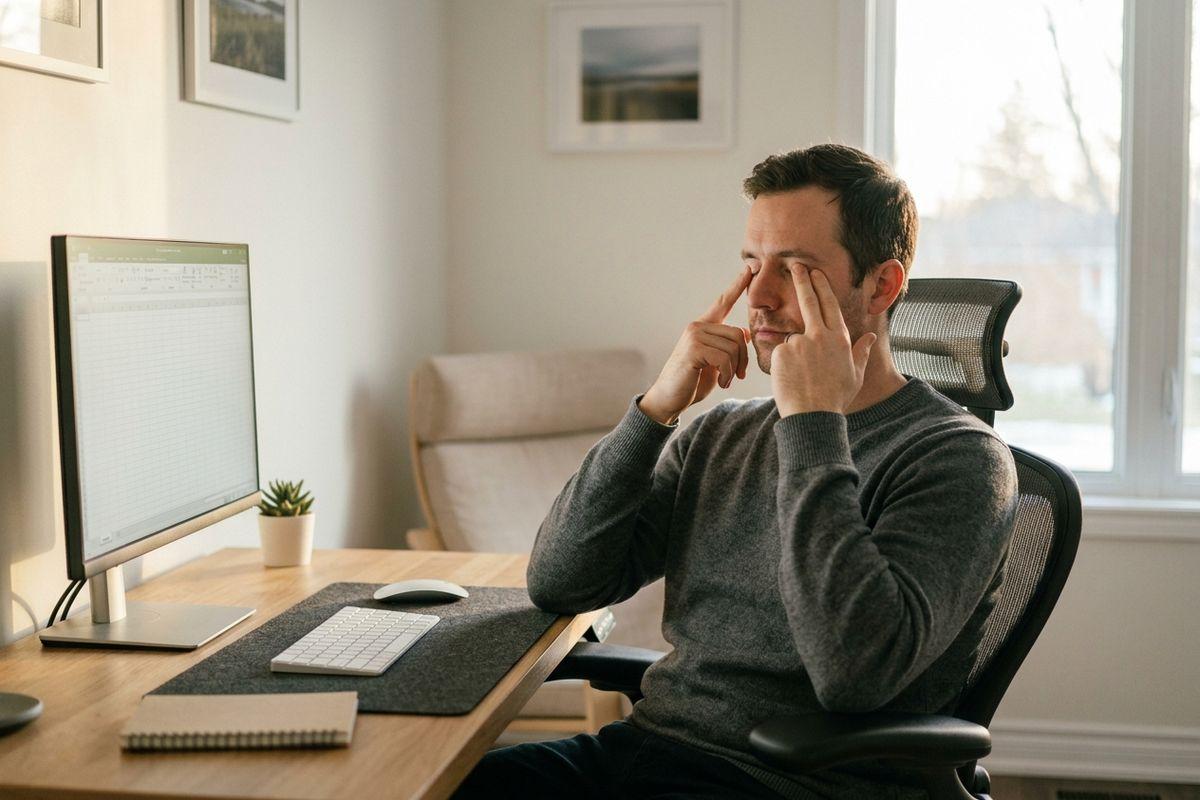 Person at a desk with eyes closed, rubbing both eyes with fingertips, turned away from a computer monitor showing a spreadsheet.