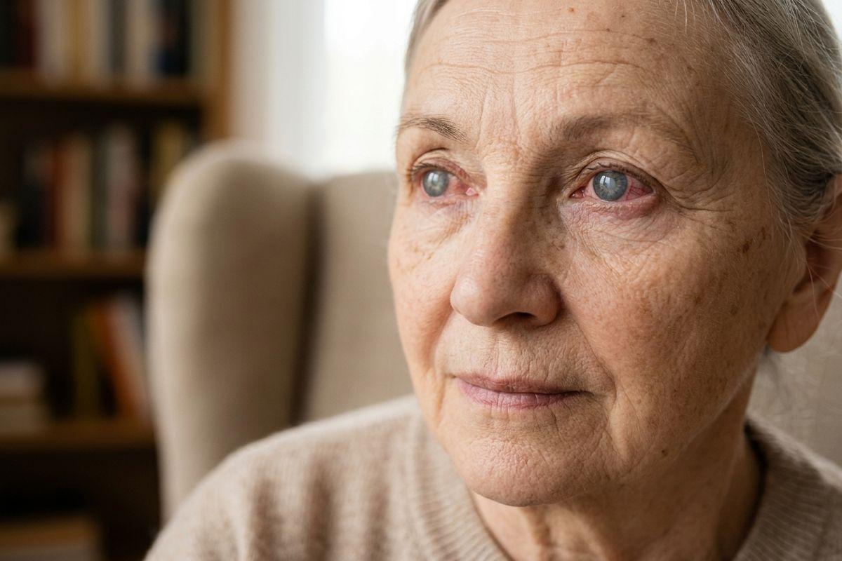 Close-up of an older adult sitting in a beige armchair, looking off to the side with a calm expression, a blurred bookshelf behind them.