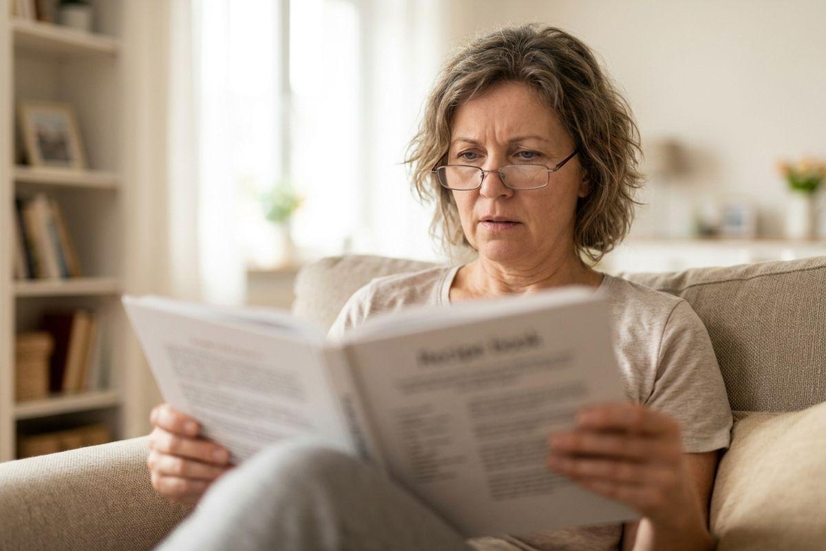 Older adult wearing glasses sits on a beige sofa at home, holding an open book and frowning at the page.